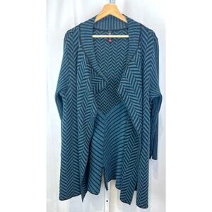 RONI RABL L Open Front Chevron Cardigan Tunic Sweater Merino Wool Blend Blue